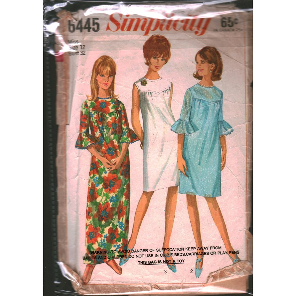 Vintage 1960s Simplicity 6445 Sewing Pattern Misses Dress Maxi Shift Size 12 B32